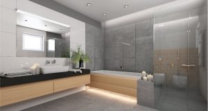 Image of a bathroom with wooden cabinets and led downlights and strip lights