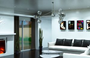 Living room with a fire place and cool white lights