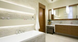 bathroom with white LED strip lights