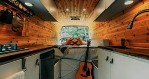 tiny home interior with wood ceilings