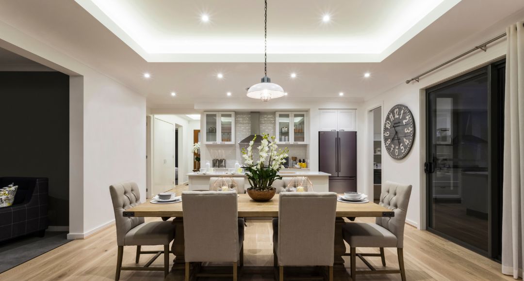 dining room with natural white lights