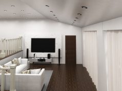 living room with black LED downlights