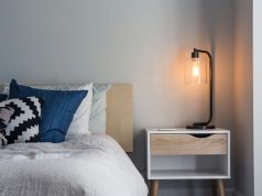 bedroom with warm white bedside table lamp