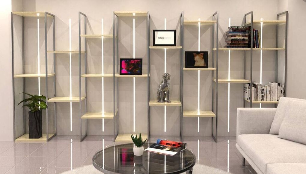 A fancy display shelf with LED lights.