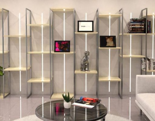 A fancy display shelf with LED lights.