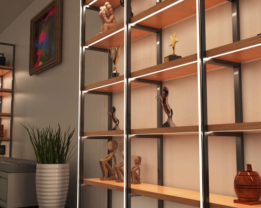 A shelf with decor and LEDs.