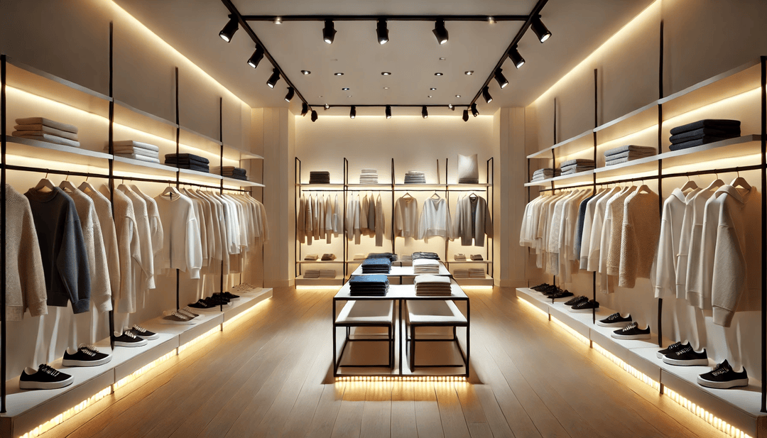 A clothing retail store with LED lights.