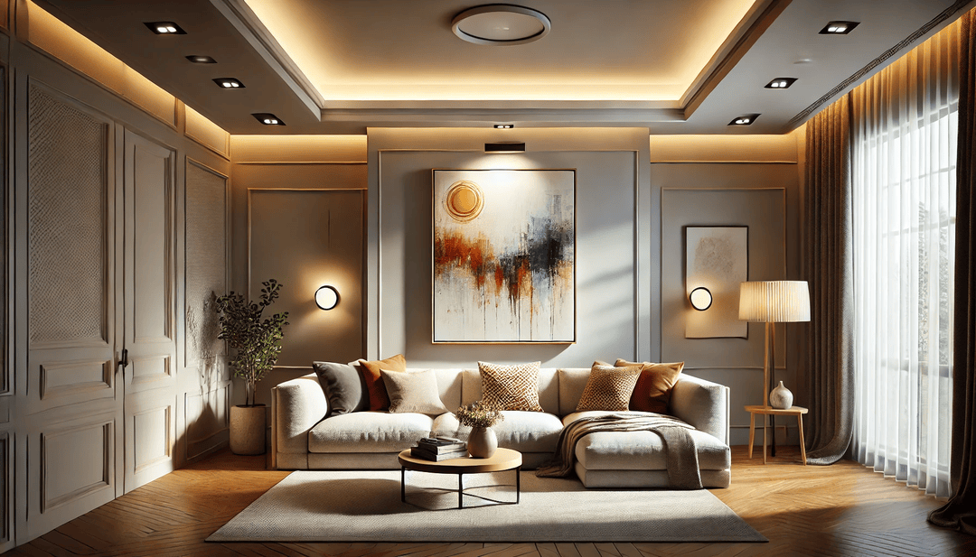 Living room with art illuminated by LED downlights.