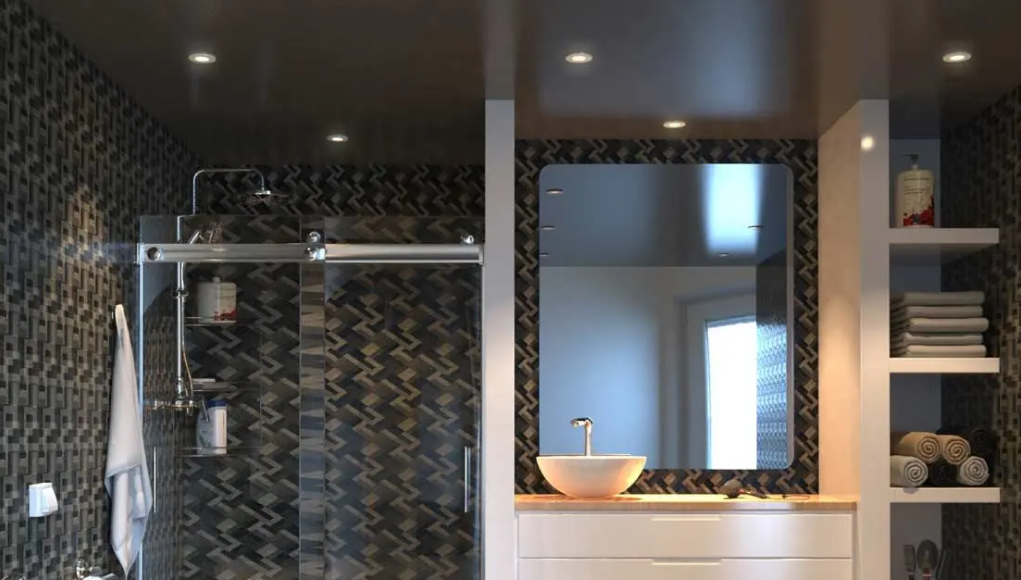 A bathroom illuminated by modern LED downlights.