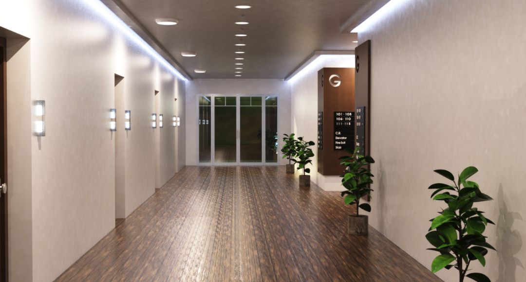 Hallway illuminated by LED downlights.