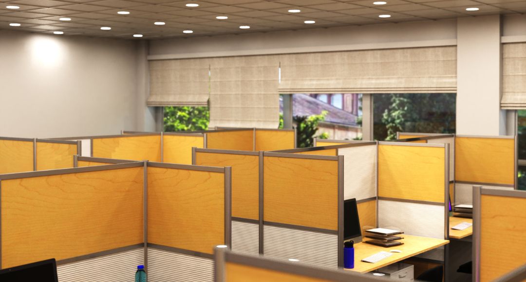 Office illuminated by LED downlights.