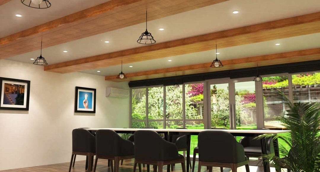 Kitchen and dining area illuminated by LED downlights (angle 2).