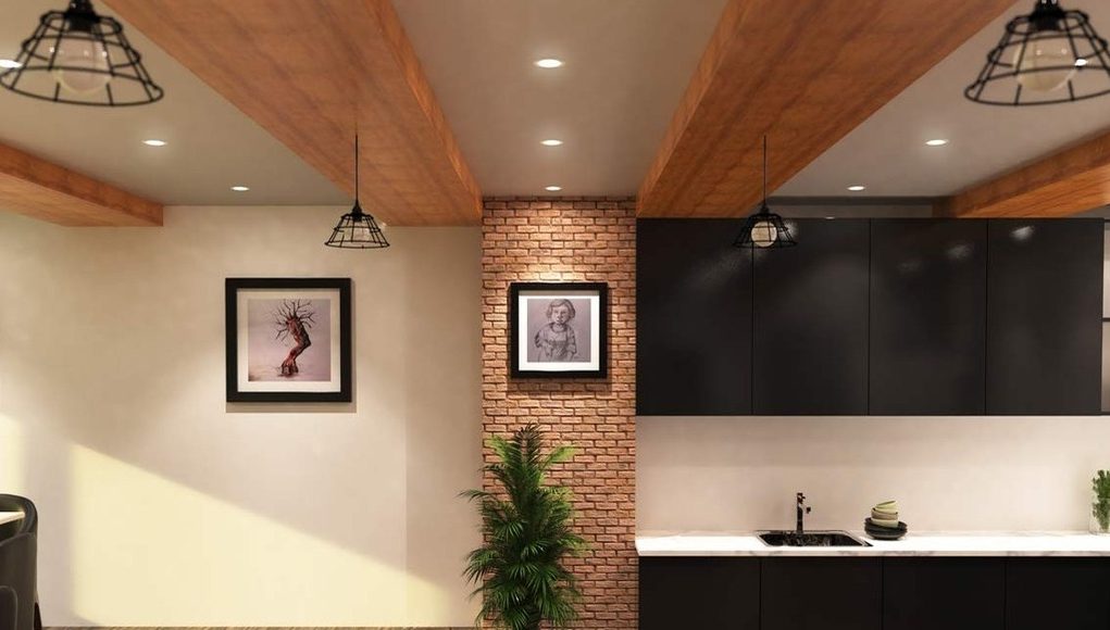 Kitchen and dining area illuminated by LED downlights (angle 1).