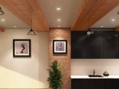 Kitchen and dining area illuminated by LED downlights (angle 1).