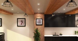 Kitchen and dining area illuminated by LED downlights (angle 1).