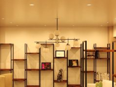 Living room display shelf illuminated by fire-rated LED downlights.