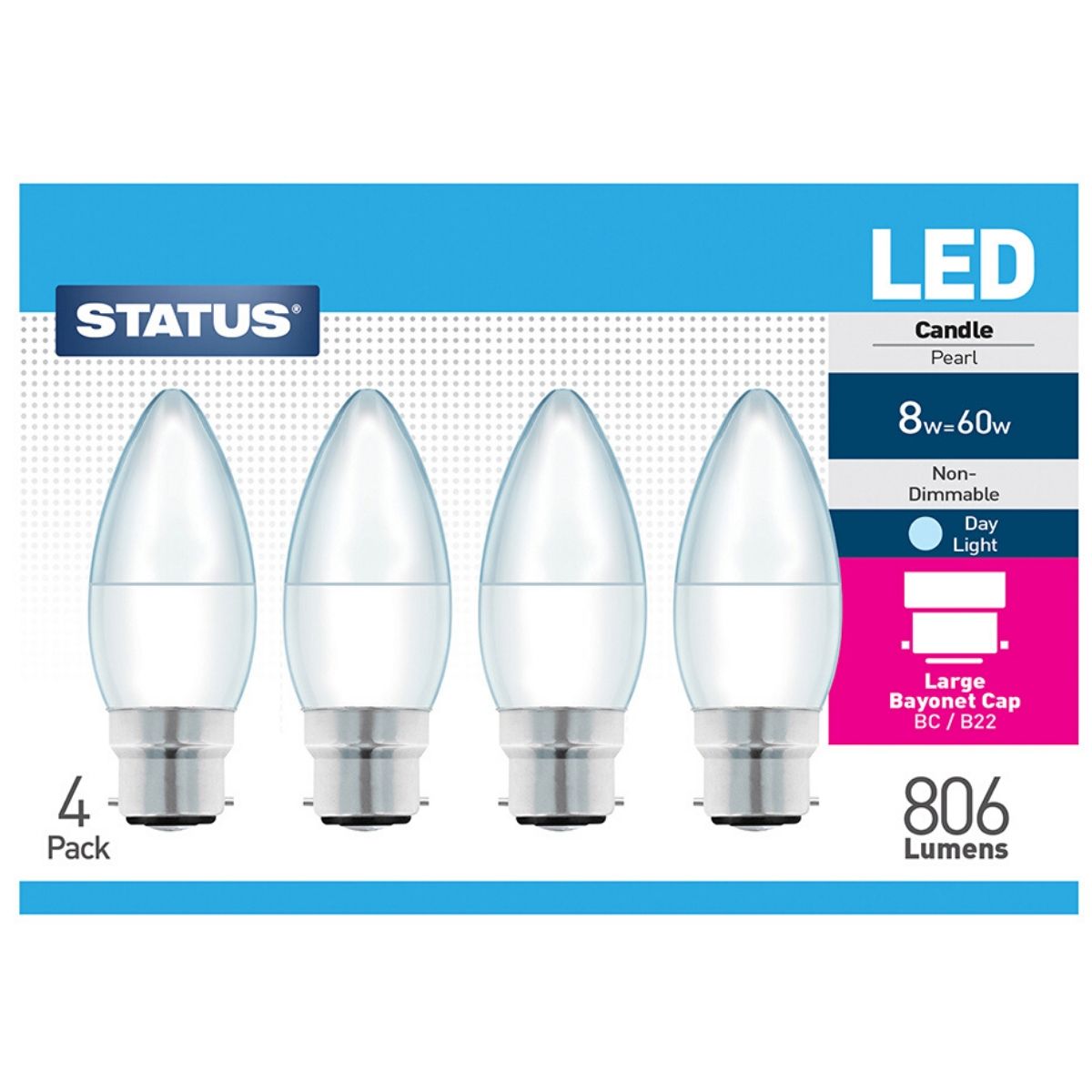 View 4 x Status 8w LED Candle Bulbs 806 Lumens Cool White B22 information