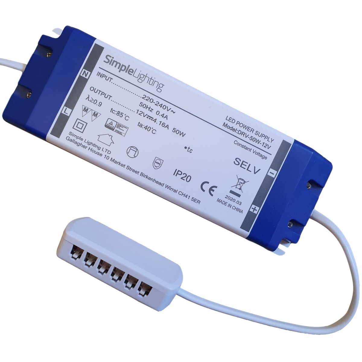 Mains wirable 50w LED Driver, with way distributor.
